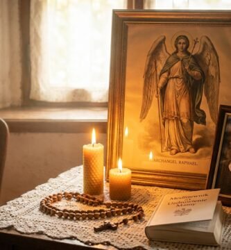 Zbliżenie na stolik nocny ze zdjęciem starszej kobiety, różańcem, zapalonymi świecami, kwiatami i wizerunkiem Świętego Rafała.
