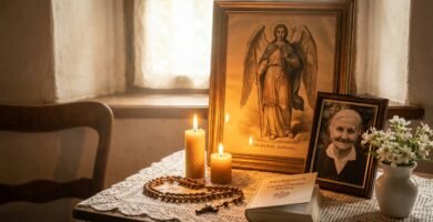 Zbliżenie na stolik nocny ze zdjęciem starszej kobiety, różańcem, zapalonymi świecami, kwiatami i wizerunkiem Świętego Rafała.