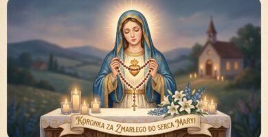 Wizerunek Matki Boskiej z symbolem serca na piersi, trzymającej różaniec w dłoniach; pod nią znajduje się stół ze świecami i kwiatami. Wizerunek utrzymany jest w stylu malarstwa na płótnie.