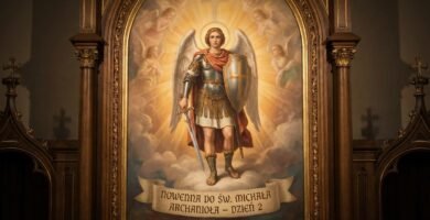 Obraz przedstawiający świętego Michała Archanioła, który pojawia się z tarczą i mieczem w dłoniach, w tle niebo z aniołami wokół