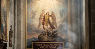 Obraz malowidła ściennego przedstawiający wizerunek Świętego Michała Archanioła z mieczem i tarczą w rękach, w tle niebo z dwoma innymi archaniołami w oddali