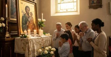 Obraz grupy ludzi modlących się na kolanach w kościele parafialnym przed obrazem św. Józefa z Jezusem na ołtarzu wypełnionym białymi kwiatami
