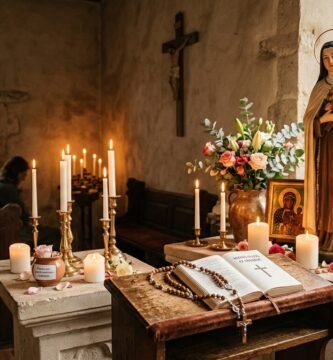 Obraz przedstawiający cokół kaplicy z wizerunkiem Matki Boskiej, różańcem, otwartą Biblią i kwiatami; w tle widać grupę modlących się ludzi.