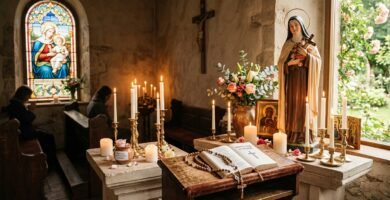 Obraz przedstawiający cokół kaplicy z wizerunkiem Matki Boskiej, różańcem, otwartą Biblią i kwiatami; w tle widać grupę modlących się ludzi.