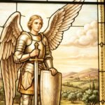 Obraz w stylu malarstwa średniowiecznego przedstawiający archanioła Michała w zbroi, trzymającego miecz, na tle pięknego pola