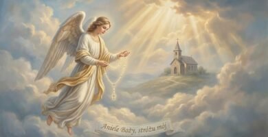 Obraz anioła na niebie z jasnym różańcem w dłoniach, w tle kościół parafialny na szczycie góry
