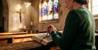 Obraz starszej kobiety modlącej się w pustym kościele, przed nią figura Chrystusa na krzyżu otoczona białymi gołębiami, z których emanuje intensywne światło