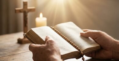 Zbliżenie dłoni osoby trzymającej otwartą Biblię, z której pada światło; w tle stół z krzyżem i świecą