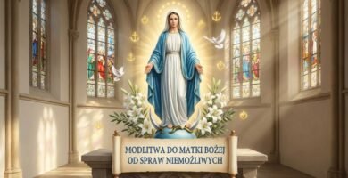 Obraz Matki Boskiej wewnątrz kościoła, otoczony świetlistą aurą, w otoczeniu białych kwiatów i latających gołębi