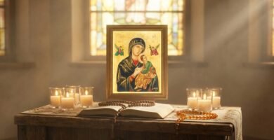 Wnętrze kaplicy ze stołem z portretem Matki Bożej Nieustającej Pomocy, obok którego leży Biblia, różaniec i zapalone świece.