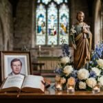 Wnętrze kościoła ze stołem, na którym leży otwarta Biblia, wizerunkiem zmarłego mężczyzny, wokół niego białymi kwiatami i wizerunkiem świętego Józefa.