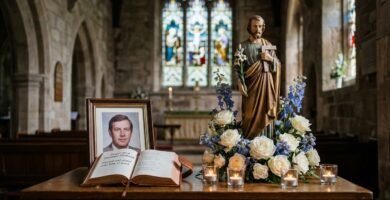 Wnętrze kościoła ze stołem, na którym leży otwarta Biblia, wizerunkiem zmarłego mężczyzny, wokół niego białymi kwiatami i wizerunkiem świętego Józefa.