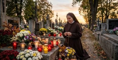 Obraz przedstawiający kobietę w habicie modlącą się na kolanach obok grobu ozdobionego białymi kwiatami i zapalonymi świecami