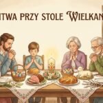 Obraz w stylu kreskówki przedstawiający rodzinę modlącą się przy stole