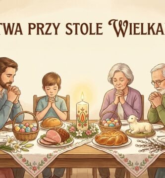 Obraz w stylu kreskówki przedstawiający rodzinę modlącą się przy stole