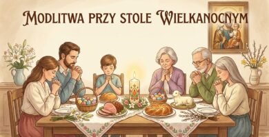 Obraz w stylu kreskówki przedstawiający rodzinę modlącą się przy stole