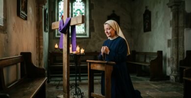 Obraz starszej kobiety w habicie modlącej się w kościele przed krzyżem z fioletową wstążką przewiązaną pośrodku