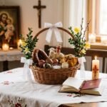 Obraz przedstawiający kosz z jedzeniem ozdobiony kwiatami na stole obok otwartej Biblii i zapalonych świec; w tle wizerunek Jezusa i Józefa obok świec