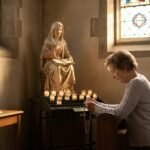 Imagen de una mujer mayor rezando con un rosario en las manos de rodillas frnete a la imagen de la virgen maria en el interior de una capilla