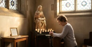 Imagen de una mujer mayor rezando con un rosario en las manos de rodillas frnete a la imagen de la virgen maria en el interior de una capilla