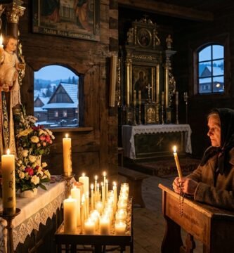 Obraz wnętrza kościoła ze starszą kobietą modlącą się ze świecą w ręku, przed nią figura Matki Boskiej Gromnicznej otoczona świecami i kwiatami