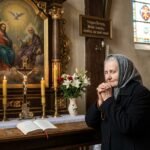 Zdjęcie starszej kobiety modlącej się w kościele obok obrazu Trójcy Świętej, w otoczeniu białych kwiatów, świec i Biblii.