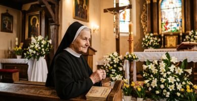 Obraz starszej kobiety modlącej się w kościele z różańcem, Biblią w rękach i w tle obrazem Chrystusa otoczonego białymi kwiatami