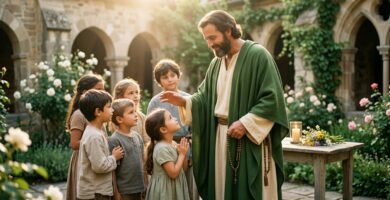 Zdjęcie grupy dzieci obok pastora chrześcijańskiego w ogrodzie pełnym kwiatów
