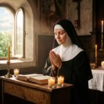 Obraz przedstawiający Świętą Ritę siedzącą przy oknie i modlącą się, z rękami złożonymi przed Biblią i zapalonymi świecami
