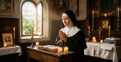 Obraz przedstawiający Świętą Ritę siedzącą przy oknie i modlącą się, z rękami złożonymi przed Biblią i zapalonymi świecami