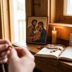 Zbliżenie na zdjęcie przedstawiające osobę trzymającą różaniec w dłoniach, modlącą się przed Biblią, świecą i obrazem Jezusa z Maryją i Józefem.