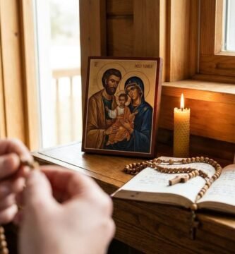 Zbliżenie na zdjęcie przedstawiające osobę trzymającą różaniec w dłoniach, modlącą się przed Biblią, świecą i obrazem Jezusa z Maryją i Józefem.