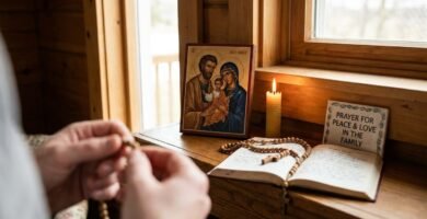 Zbliżenie na zdjęcie przedstawiające osobę trzymającą różaniec w dłoniach, modlącą się przed Biblią, świecą i obrazem Jezusa z Maryją i Józefem.