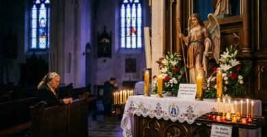 Obraz starszej kobiety modlącej się w kościele, przed nią znajduje się wizerunek archanioła Michała otoczony kwiatami i świecami