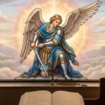 Obraz w stylu kreskówkowym przedstawiający Świętego Michała Archanioła na tle nieba i wielkiego światła wokół niego; poniżej na biurku leży Biblia