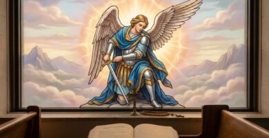 Obraz w stylu kreskówkowym przedstawiający Świętego Michała Archanioła na tle nieba i wielkiego światła wokół niego; poniżej na biurku leży Biblia