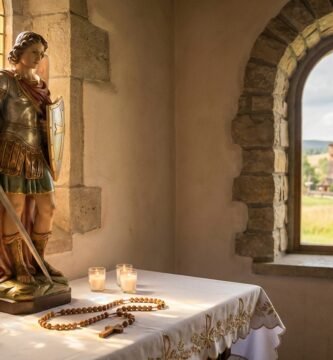 Wnętrze kaplicy z widokiem na stół ze statuą św. Michała Archanioła, świecami i różańcem; w bocznym oknie widać wiejski krajobraz.