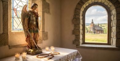Wnętrze kaplicy z widokiem na stół ze statuą św. Michała Archanioła, świecami i różańcem; w bocznym oknie widać wiejski krajobraz.
