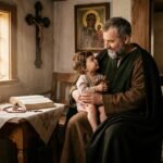 Wizerunek księdza trzymającego dziecko na rękach, symbolizującego miłość św. Józefa, w tle stary dom z krzyżem i wizerunkiem czarnej Matki Boskiej