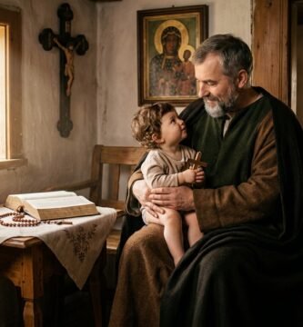 Wizerunek księdza trzymającego dziecko na rękach, symbolizującego miłość św. Józefa, w tle stary dom z krzyżem i wizerunkiem czarnej Matki Boskiej