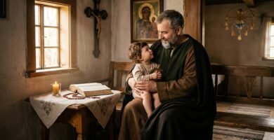 Wizerunek księdza trzymającego dziecko na rękach, symbolizującego miłość św. Józefa, w tle stary dom z krzyżem i wizerunkiem czarnej Matki Boskiej