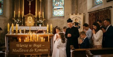 Obraz wnętrza kościoła z grupą dzieci przyjmujących komunię