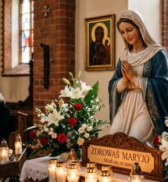 Wnętrze kościoła parafialnego z widokiem na ołtarz, na którym znajduje się figura Matki Boskiej otoczona białymi kwiatami i zapalonymi świecami.