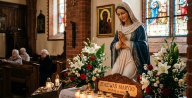 Wnętrze kościoła parafialnego z widokiem na ołtarz, na którym znajduje się figura Matki Boskiej otoczona białymi kwiatami i zapalonymi świecami.