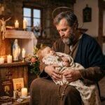 Wizerunek mężczyzny trzymającego w ramionach dziecko, symbolizujące świętego Józefa, wewnątrz kościoła; za nim znajduje się mały ołtarz z wizerunkiem Jezusa na krzyżu i zapalonymi świecami.