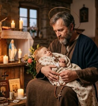 Wizerunek mężczyzny trzymającego w ramionach dziecko, symbolizujące świętego Józefa, wewnątrz kościoła; za nim znajduje się mały ołtarz z wizerunkiem Jezusa na krzyżu i zapalonymi świecami.