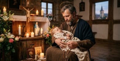 Wizerunek mężczyzny trzymającego w ramionach dziecko, symbolizujące świętego Józefa, wewnątrz kościoła; za nim znajduje się mały ołtarz z wizerunkiem Jezusa na krzyżu i zapalonymi świecami.