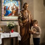 Obraz przedstawiający osieroconego chłopca modlącego się w kościele obok figury św. Józefa