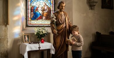Obraz przedstawiający osieroconego chłopca modlącego się w kościele obok figury św. Józefa