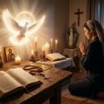 Obraz przedstawia kobietę w habicie modlącą się nocą w swoim pokoju obok łóżka, obok niej leży Biblia, różaniec, a Duch Święty oświetla scenę